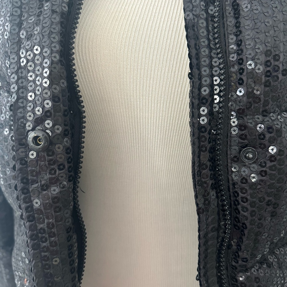 NWT Unreal Fur Black Sequin Puffer Jacket Front Zip High Collar Sz XS - Picture 6 of 16